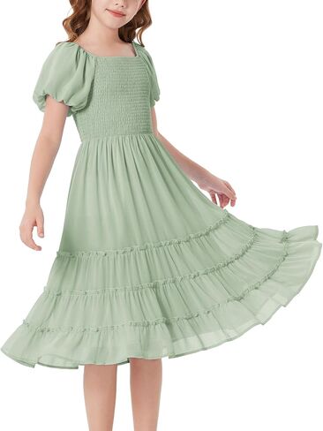 GRACE KARIN Girls Short Sleeve Smocked Summer Ruffle Dresses 7-14Y Teen Square Neck Casual Party Midii Maxi Dress in Saudi Arabia