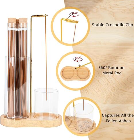 حامل بخور 2 في 1 للعصي، مجموعة حامل بخور خشبي مضاد للرماد مع جهاز التقاط رماد زجاجي و3 أنابيب تخزين للتأمل واليوجا والمنتجعات الصحية للنساء والفتيات وديكور المنزل والمكتب in Kuwait