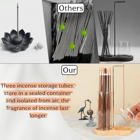 حامل بخور 2 في 1 للعصي، مجموعة حامل بخور خشبي مضاد للرماد مع جهاز التقاط رماد زجاجي و3 أنابيب تخزين للتأمل واليوجا والمنتجعات الصحية للنساء والفتيات وديكور المنزل والمكتب in Kuwait