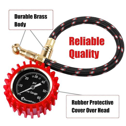 خرطوم طويل لقياس ضغط الإطارات 0-60 رطل لكل بوصة مربعة - مقياس إطارات للخدمة الشاقة عالي الدقة مع قرص متوهج كبير سهل القراءة مقاس 2 بوصة، مقياس إطار منخفض ومرتفع لإطارات السيارات وسيارات الدفع الرباعي والشاحنات in Kuwait