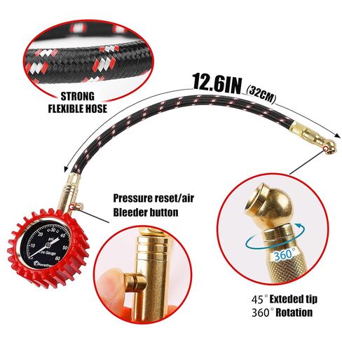 خرطوم طويل لقياس ضغط الإطارات 0-60 رطل لكل بوصة مربعة - مقياس إطارات للخدمة الشاقة عالي الدقة مع قرص متوهج كبير سهل القراءة مقاس 2 بوصة، مقياس إطار منخفض ومرتفع لإطارات السيارات وسيارات الدفع الرباعي والشاحنات in Kuwait