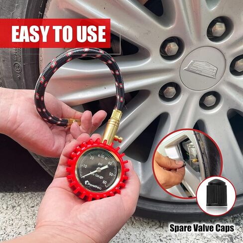 خرطوم طويل لقياس ضغط الإطارات 0-60 رطل لكل بوصة مربعة - مقياس إطارات للخدمة الشاقة عالي الدقة مع قرص متوهج كبير سهل القراءة مقاس 2 بوصة، مقياس إطار منخفض ومرتفع لإطارات السيارات وسيارات الدفع الرباعي والشاحنات in Kuwait