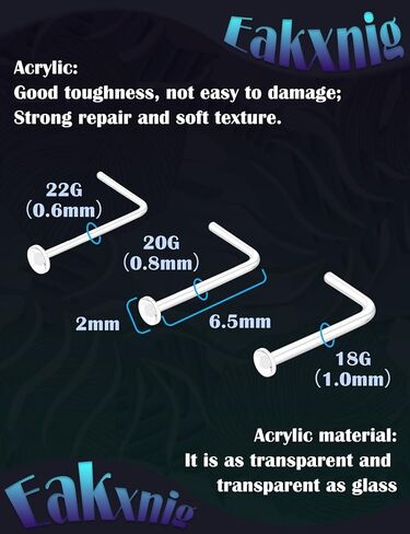 Clear Nose Studs Retainers for Work - Transparent Bioflex L Shape Nose Rings - Mixed Size Pack 22G 20G 18G Gauge (15 Pieces Total - 5 Each Size) in Kuwait