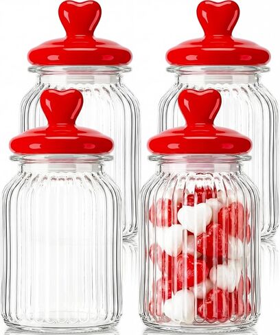 4 Sets 32oz Cookie Jars Glass Candy Jar with Heart Lids Decorative Heart Containers Food Storage Canister with Airtight Lid for Valentines Party Table Decoration(Red Lid) in Saudi Arabia