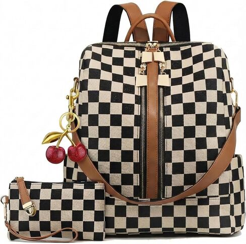 Lushandy Checkered Backpack Purse for Women, Brown Canvas Backpack Purse with Wallet Cherry Mom Everyday Backpacks for Work in Saudi Arabia