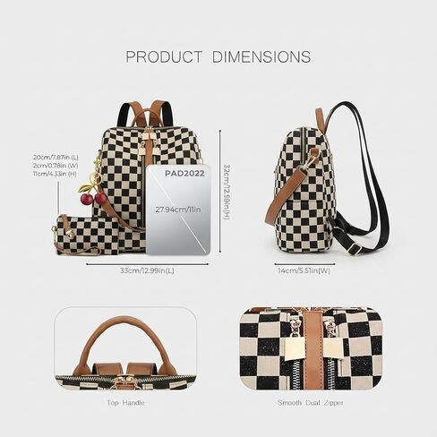 Lushandy Checkered Backpack Purse for Women, Brown Canvas Backpack Purse with Wallet Cherry Mom Everyday Backpacks for Work in Saudi Arabia