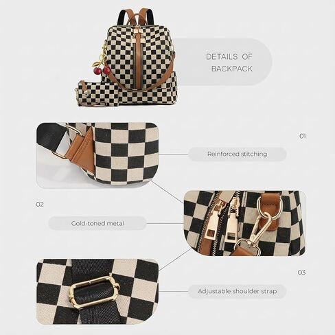 Lushandy Checkered Backpack Purse for Women, Brown Canvas Backpack Purse with Wallet Cherry Mom Everyday Backpacks for Work in Saudi Arabia