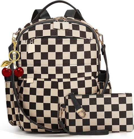 Lushandy Checkered Backpack Purse for Women, Brown Canvas Backpack Purse with Wallet Cherry Mom Everyday Backpacks for Work in Saudi Arabia