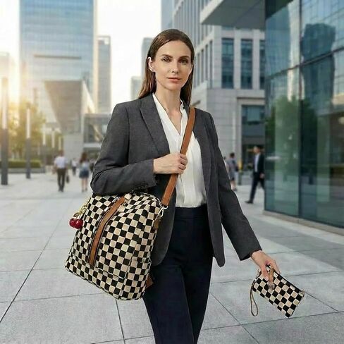 Lushandy Checkered Backpack Purse for Women, Brown Canvas Backpack Purse with Wallet Cherry Mom Everyday Backpacks for Work in Saudi Arabia