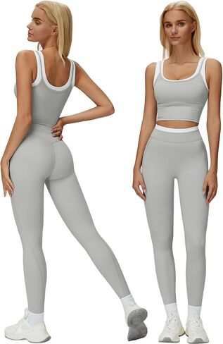 Women 2 Piece Workout Sets Racerback Color Block Tank Tops High Waist Tummy Control Active Leggings Yoga Outfits in Kuwait