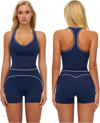 Two Piece Workout Sets for Women Color Block Racerback Tank Tops and High Waist Shorts Gym Yoga Outfits in Saudi Arabia