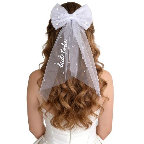 Bride to Be Embroidered Hair Bow Veil with Pearls for Bachelorette Party, White Hair Clip Bow Veil Engagement Accessory Bride Gift for Women in Saudi Arabia