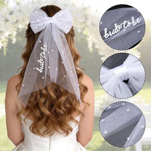 Bride to Be Embroidered Hair Bow Veil with Pearls for Bachelorette Party, White Hair Clip Bow Veil Engagement Accessory Bride Gift for Women in Saudi Arabia