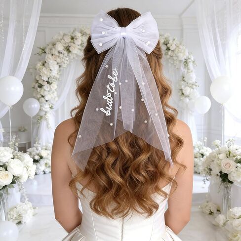 Bride to Be Embroidered Hair Bow Veil with Pearls for Bachelorette Party, White Hair Clip Bow Veil Engagement Accessory Bride Gift for Women in Saudi Arabia