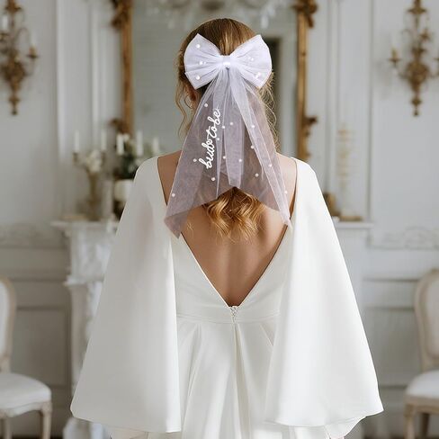 Bride to Be Embroidered Hair Bow Veil with Pearls for Bachelorette Party, White Hair Clip Bow Veil Engagement Accessory Bride Gift for Women in Saudi Arabia