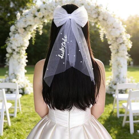 Bride to Be Embroidered Hair Bow Veil with Pearls for Bachelorette Party, White Hair Clip Bow Veil Engagement Accessory Bride Gift for Women in Saudi Arabia