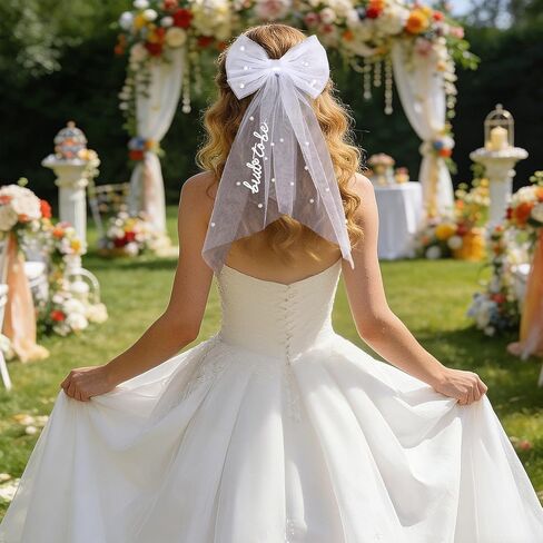 Bride to Be Embroidered Hair Bow Veil with Pearls for Bachelorette Party, White Hair Clip Bow Veil Engagement Accessory Bride Gift for Women in Saudi Arabia
