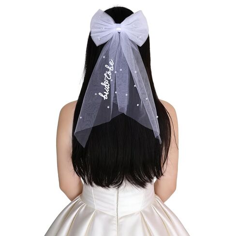 Bride to Be Embroidered Hair Bow Veil with Pearls for Bachelorette Party, White Hair Clip Bow Veil Engagement Accessory Bride Gift for Women in Saudi Arabia