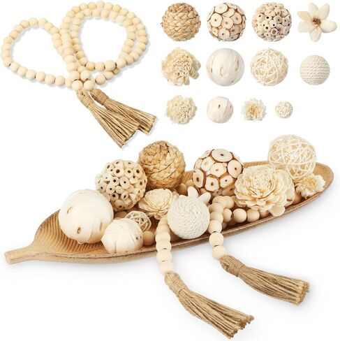 14 Pcs Wooden Centerpiece Table Decorations 16 Inch Leaf Shaped Wood Dough Bowl with Wicker Rattan Balls Beads String Decorative Tray Rustic Vase Bowl Filler for DIY Farmhouse Home in Saudi Arabia