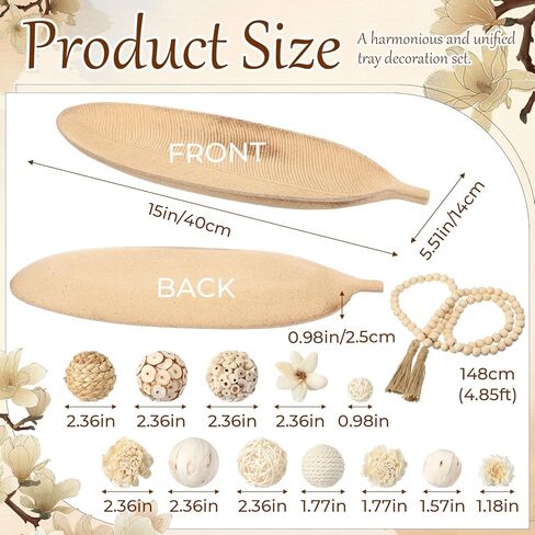 14 Pcs Wooden Centerpiece Table Decorations 16 Inch Leaf Shaped Wood Dough Bowl with Wicker Rattan Balls Beads String Decorative Tray Rustic Vase Bowl Filler for DIY Farmhouse Home in Saudi Arabia