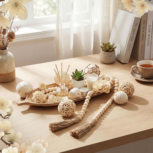 14 Pcs Wooden Centerpiece Table Decorations 16 Inch Leaf Shaped Wood Dough Bowl with Wicker Rattan Balls Beads String Decorative Tray Rustic Vase Bowl Filler for DIY Farmhouse Home in Saudi Arabia