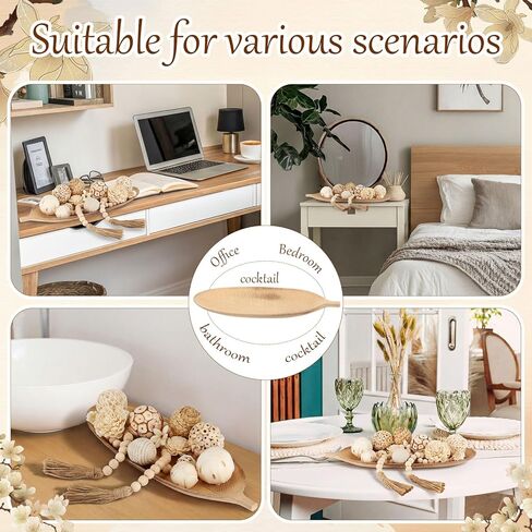 14 Pcs Wooden Centerpiece Table Decorations 16 Inch Leaf Shaped Wood Dough Bowl with Wicker Rattan Balls Beads String Decorative Tray Rustic Vase Bowl Filler for DIY Farmhouse Home in Saudi Arabia
