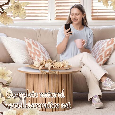 14 Pcs Wooden Centerpiece Table Decorations 16 Inch Leaf Shaped Wood Dough Bowl with Wicker Rattan Balls Beads String Decorative Tray Rustic Vase Bowl Filler for DIY Farmhouse Home in Saudi Arabia
