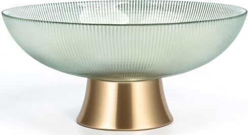 Round Glass Decorative Bowl（Green）, 9.8 Inches Handblown Striped Design Fruit Bowl with Rust-Resistant Metal Base for Home Decor, Table Centerpiece, Kitchen Island and Dining Decor in Saudi Arabia