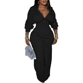 طقم هودي نسائي مكون من قطعتين بأكمام طويلة وسحاب علوي وبنطلون واسع الساق مع جيوب وبدلات رياضية للخروج in Kuwait