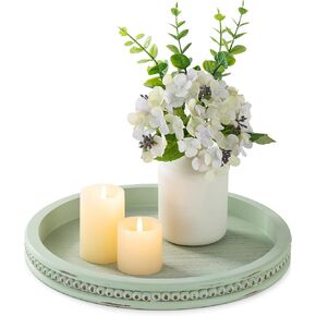 Hanobe Sage Green Tray Decor: Round Decorative Tray for Coffee Table Centerpiece - Wooden Candle Plate Holder for Rustic Farmhouse Home Living Room Kitchen Counter in Kuwait