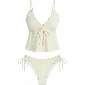 ZAFUL Tankini Swimsuits for Women V Neck Textured Knot Tie Ruffle Trim Bikini Swimsuit Tie Side 2 Pieces Bathing Suit in Saudi Arabia