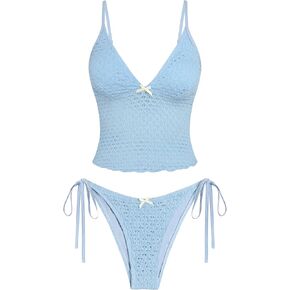ZAFUL Tankini Swimsuits for Women Lace Jacquard Bowknot Decor Tummy Control High Cut Tanga Tankini Set in Saudi Arabia