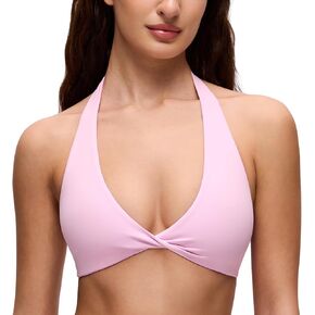CRZ YOGA Butterluxe Double Lined Twist Halter Sports Bras for Women - Deep V Neck Crop Top Casual Open Back Non Padded in Kuwait