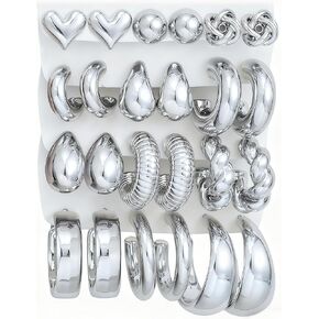 12 زوجًا من الأقراط الفضية المكتنزة للنساء العصرية، مطلية بالفضة خفيفة الوزن سميكة مفتوحة ملتوية، مجموعة أقراط هوجي هوب غير مشوهة in Kuwait