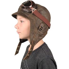 Kids Aviator Hat with Goggles, Real Brown Leather, Children's Pilot Flying Cap/Helmett (Small, Hat and Goggles A) in Saudi Arabia