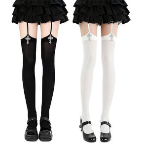 2 Pairs Halloween Thigh High Stockings Gothic Cross Patterned Tights Black High Socks Cosplay for Women in Saudi Arabia