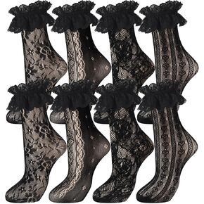 Geyoga 4 أزواج من الجوارب النسائية من الدانتيل للكاحل، جوارب شبكية مكشكشة مكشكشة بتصميم فضفاض فضفاض in Kuwait