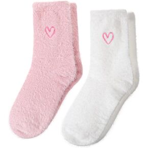 2 Pairs Super Soft Fuzzy Socks for Women, Winter Embroidered Heart Sleeping Socks in Kuwait