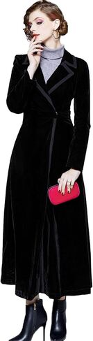 Women's Slim Notch Lapel Velvet Trench Coat Dress Maxi Overcoat Hepburn Style Party Vintage Solid Outwear in Saudi Arabia