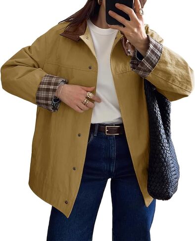 Tankaneo Womens Trench Coat Oversized Fall Barn Jacket Leather Collar Plaid Color Block Windproof Overcoat in Saudi Arabia