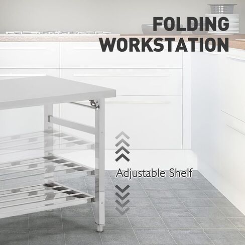 طاولة إعداد قابلة للطي من الفولاذ المقاوم للصدأ، رف سفلي قابل للتعديل شديد التحمل مقاس 30 بوصة × 48 بوصة للمطعم والمطبخ والمنزل والفندق in Kuwait