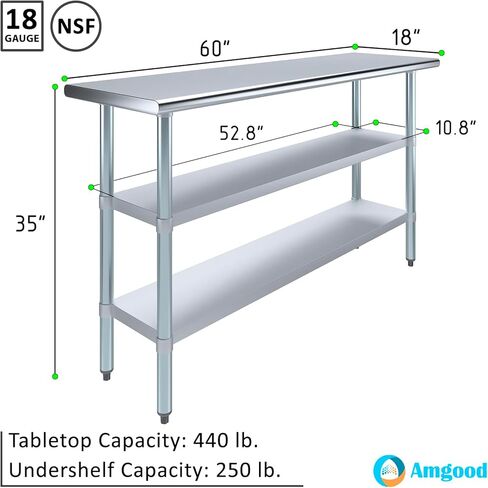 60" Long X 18" Deep Stainless Steel Work Table with 2 Shelves | Metal Food Prep Station | Commercial & Residential NSF Utility Table in Saudi Arabia