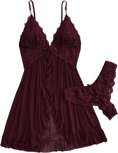 GORGLITTER Women's Sexy Lingerie Ruffle Sheer Mesh Lace Babydoll Lingerie Dress with Thong in Saudi Arabia