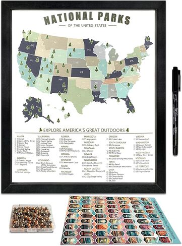 flinelife National Parks Map Checklist With Pins and Pen, 12X10, National Park Map, Perfect for National Parks Lovers, Hiker, Couples and Families Gift in Saudi Arabia