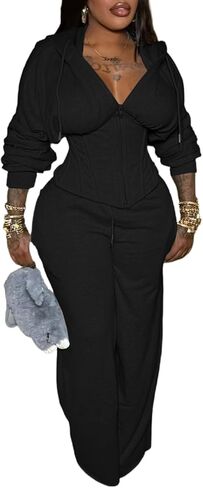 Womens Hoodie 2 Piece Sets Long Sleeve Zip Top Wide Leg Pants with Pockets Going Out Sweatsuits in Saudi Arabia