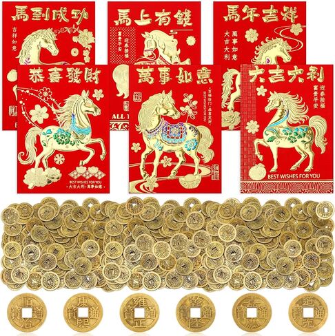 JULMELON 24 Pcs Chinese New Year Red Envelopes and 100 Pcs Lucky Coins Set, Lunar New Year Envelopes for Gifting and Celebrations in Saudi Arabia