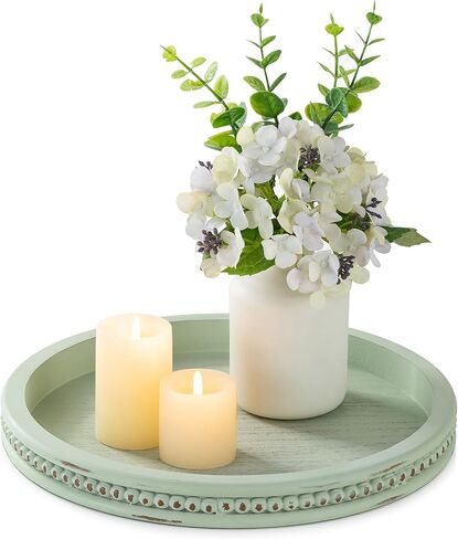Hanobe Sage Green Tray Decor: Round Decorative Tray for Coffee Table Centerpiece - Wooden Candle Plate Holder for Rustic Farmhouse Home Living Room Kitchen Counter in Saudi Arabia