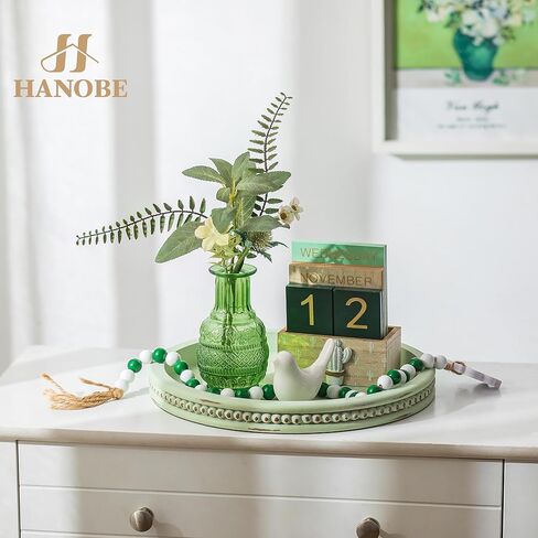 Hanobe Sage Green Tray Decor: Round Decorative Tray for Coffee Table Centerpiece - Wooden Candle Plate Holder for Rustic Farmhouse Home Living Room Kitchen Counter in Saudi Arabia