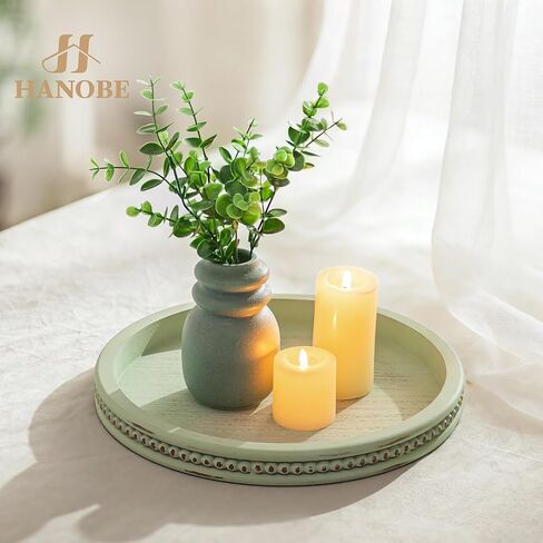 Hanobe Sage Green Tray Decor: Round Decorative Tray for Coffee Table Centerpiece - Wooden Candle Plate Holder for Rustic Farmhouse Home Living Room Kitchen Counter in Saudi Arabia