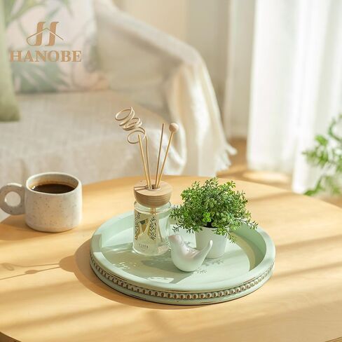 Hanobe Sage Green Tray Decor: Round Decorative Tray for Coffee Table Centerpiece - Wooden Candle Plate Holder for Rustic Farmhouse Home Living Room Kitchen Counter in Saudi Arabia